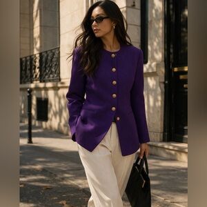 Vintage Christian Dior Wool Blazer Purple Gold Buttons Size 14 Quiet Luxury